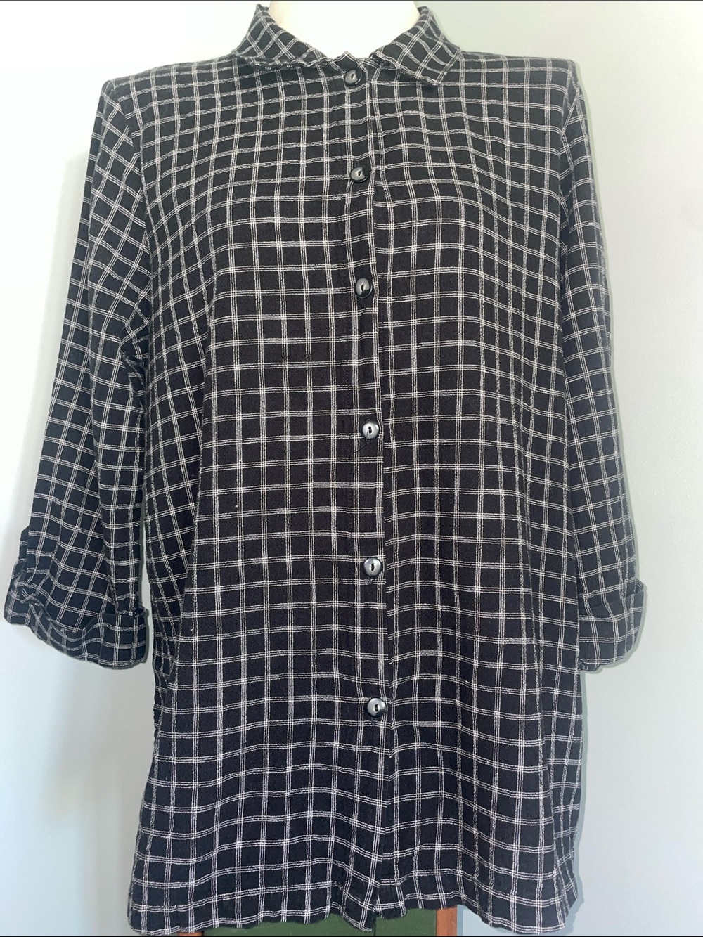 Vintage Hot Cotton by Marc Ware Black White Windowpane Linen Shirt XL Made USA